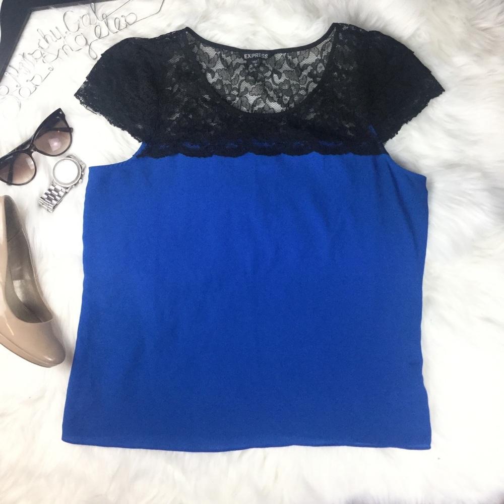 Express Lace Cap Sleeve Color Block Blouse Top